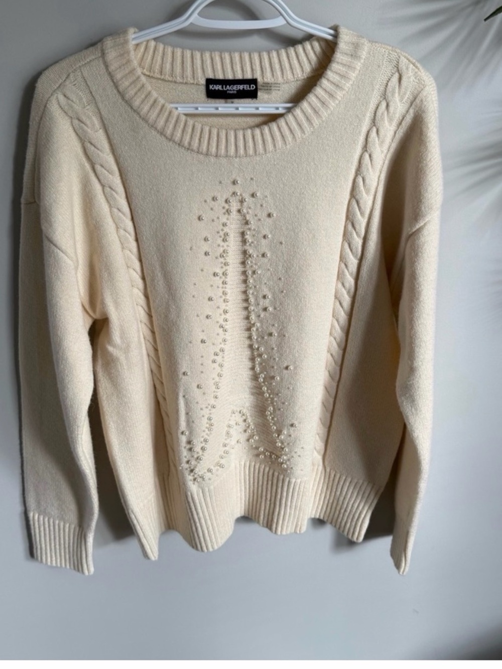 Karl Lagerfeld Ivory Cable Knit Sweater Paris pearl embellishment
